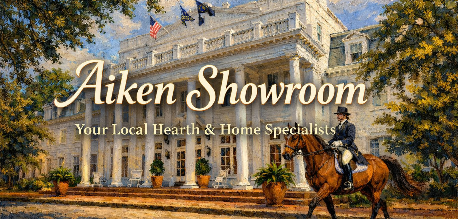 Oil painting style banner of the Aiken Hearth & Home showroom featuring a historic Southern building, equestrian rider, and “Aiken Showroom – Your Local Hearth & Home Specialists” text